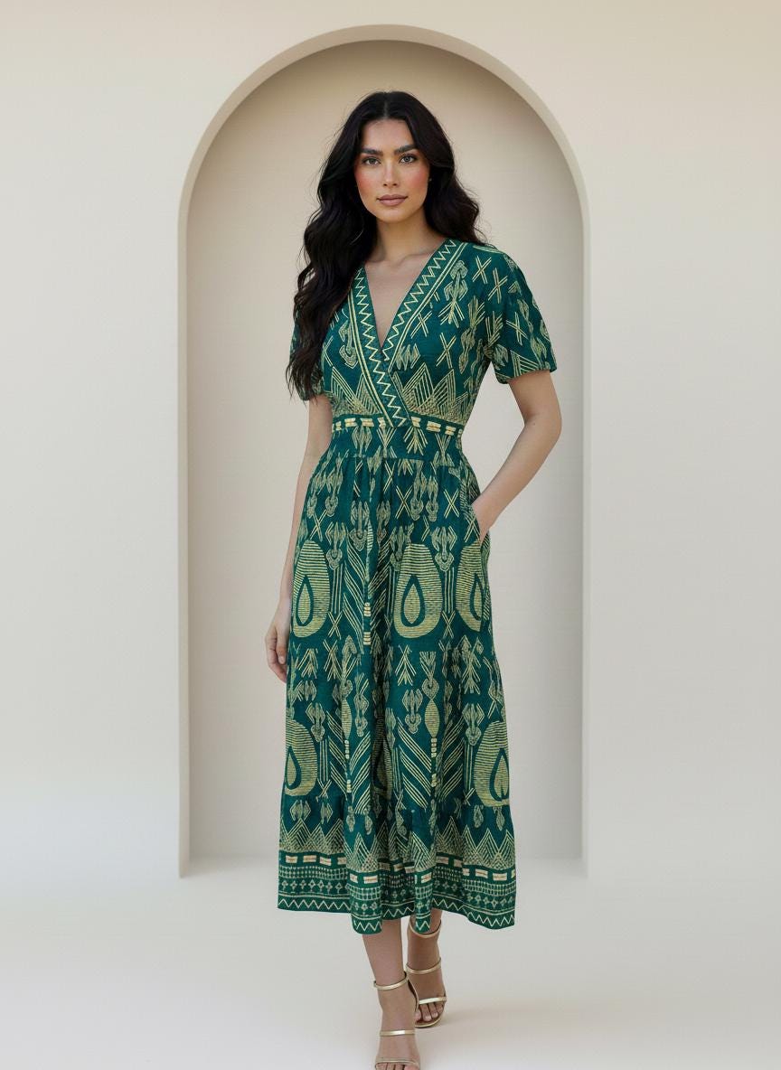 Stunning Green Maxi Dress With Pockets – V-Neck Wrap Style Maxi Dress with Short Sleeves, Beige Ethnic Print, Summer Resort Wear