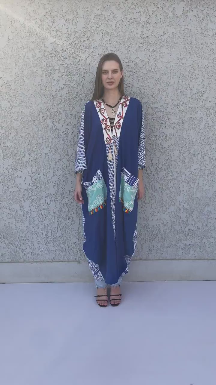 Blue Boho embroidered Kimono, Embroidered overside Cardigan, Boho Kimono, Womens boho Cardigans, Boho Cardigan, Duster, Blue Cardigan