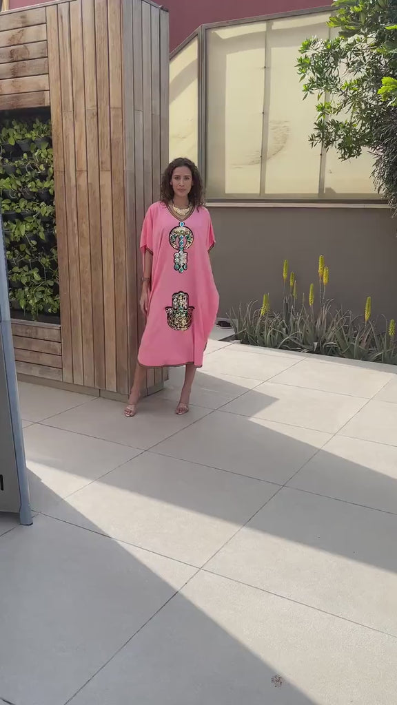 Short summer pink Tunic caftan, Hamsa caftans for women, women's kaftan, free size Kaftan, Summer Kaftan, cotton Caftans
