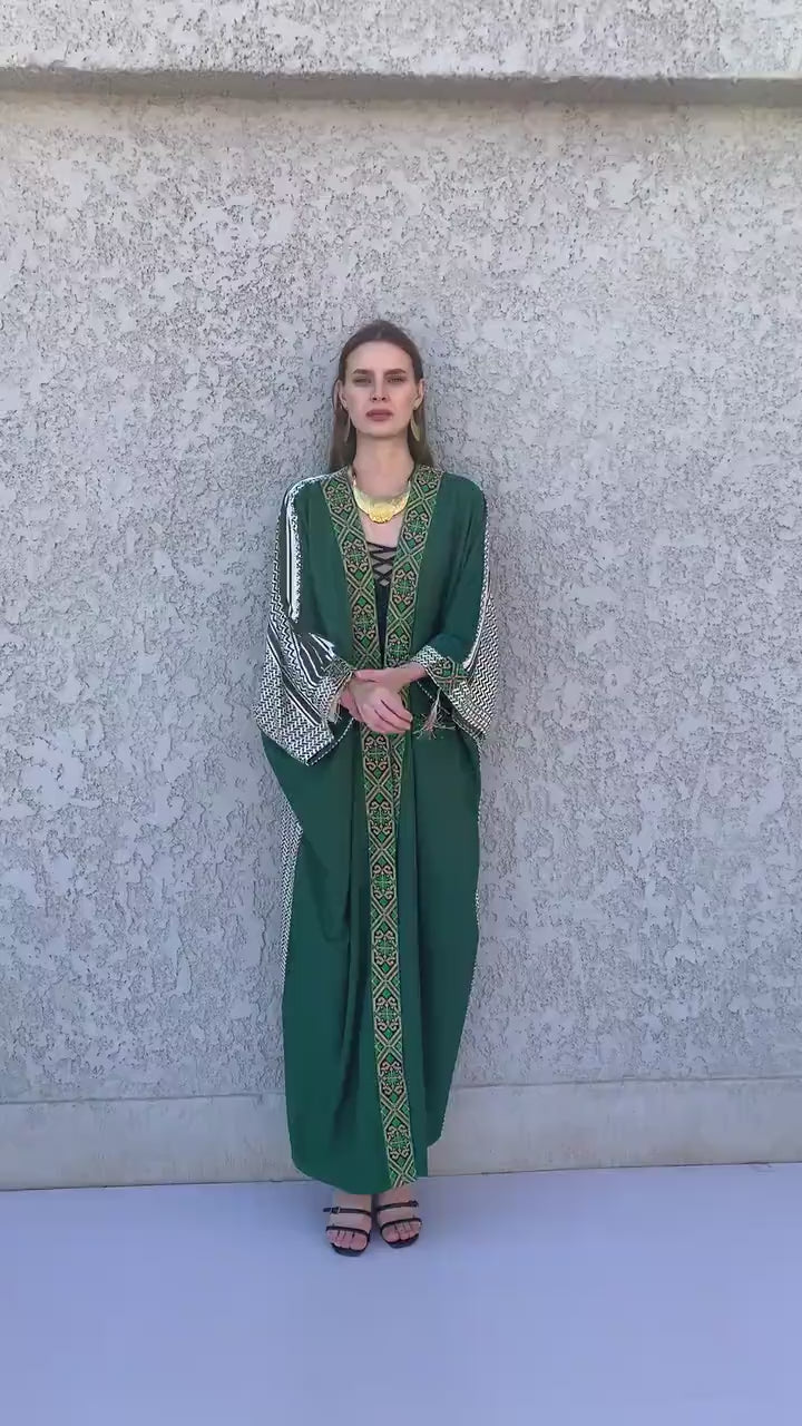 Green Elegant Egyptian Cotton Abaya, Summer Abaya, Cardigans, Boho Kimono, Women's Duster, Boho Cardigan, Duster, Cardigan