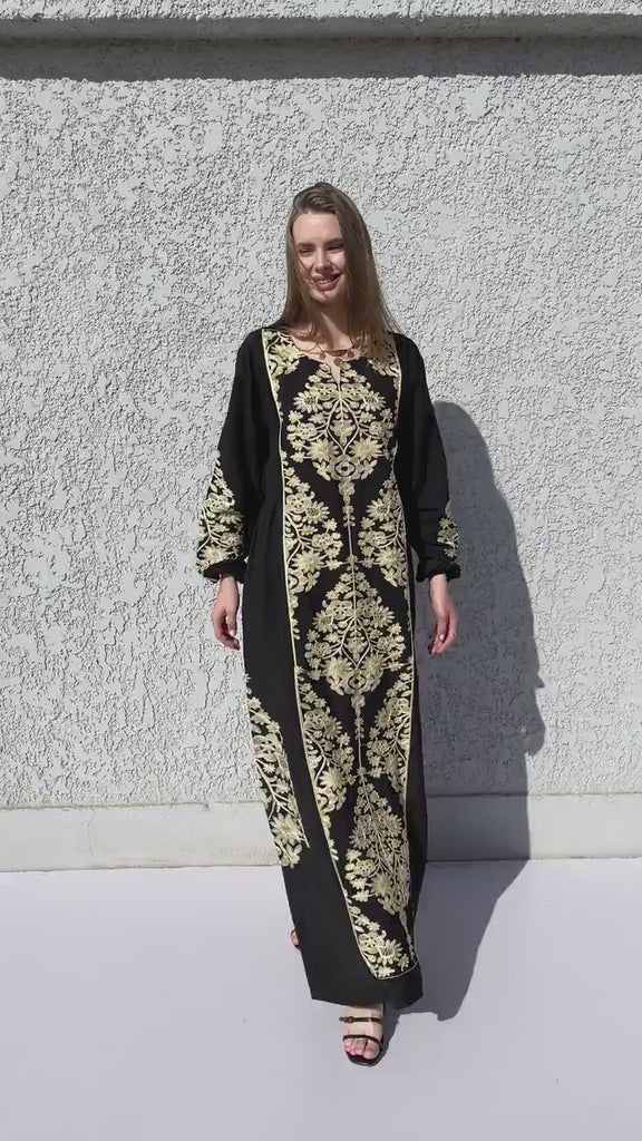 Elegant Purple embroidered kaftan dress, Cotton caftan women, Long sleeve caftan, Chic embroidered caftan, High quality Egyptian cotton