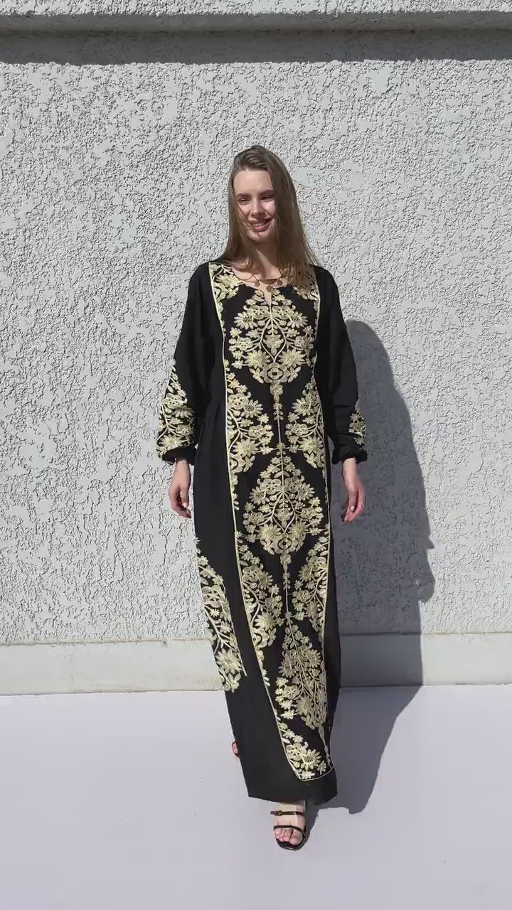 Elegant Purple embroidered kaftan dress, Cotton caftan women, Long sleeve caftan, Chic embroidered caftan, High quality Egyptian cotton
