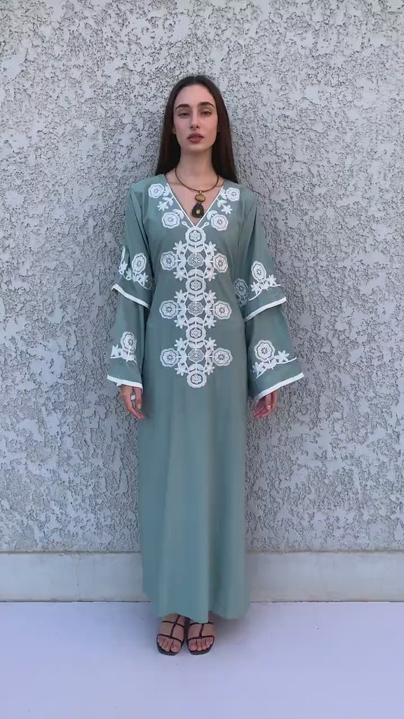 Mint wedding embroidered Kaftan maxi dress, Kaftan maxi, Cotton caftan women, caftan, Chic embroidered caftan, Egyptian cotton 10-23