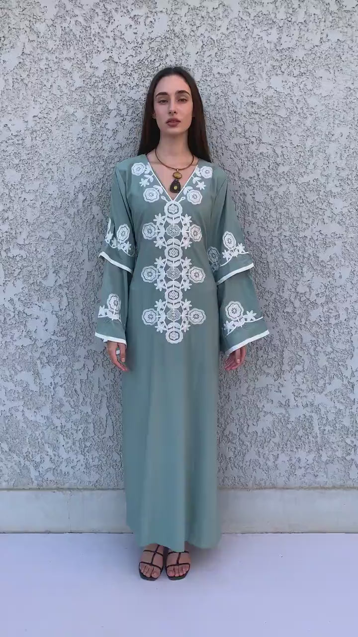 Mint wedding embroidered Kaftan maxi dress, Kaftan maxi, Cotton caftan women, caftan, Chic embroidered caftan, Egyptian cotton 10-23