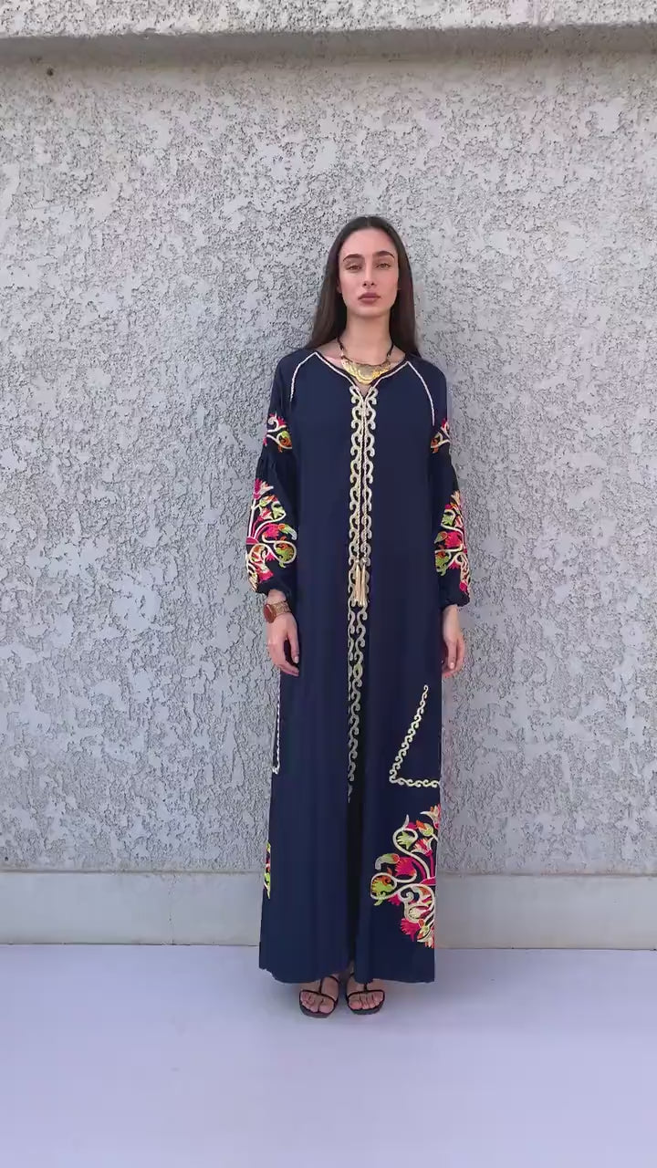 Boho Blue Kaftan maxi dress, Long sleeve cotton Kaftan dress, Colorful embroidered Kaftan dress, kaftan maxi, Caftans for women, Caftans