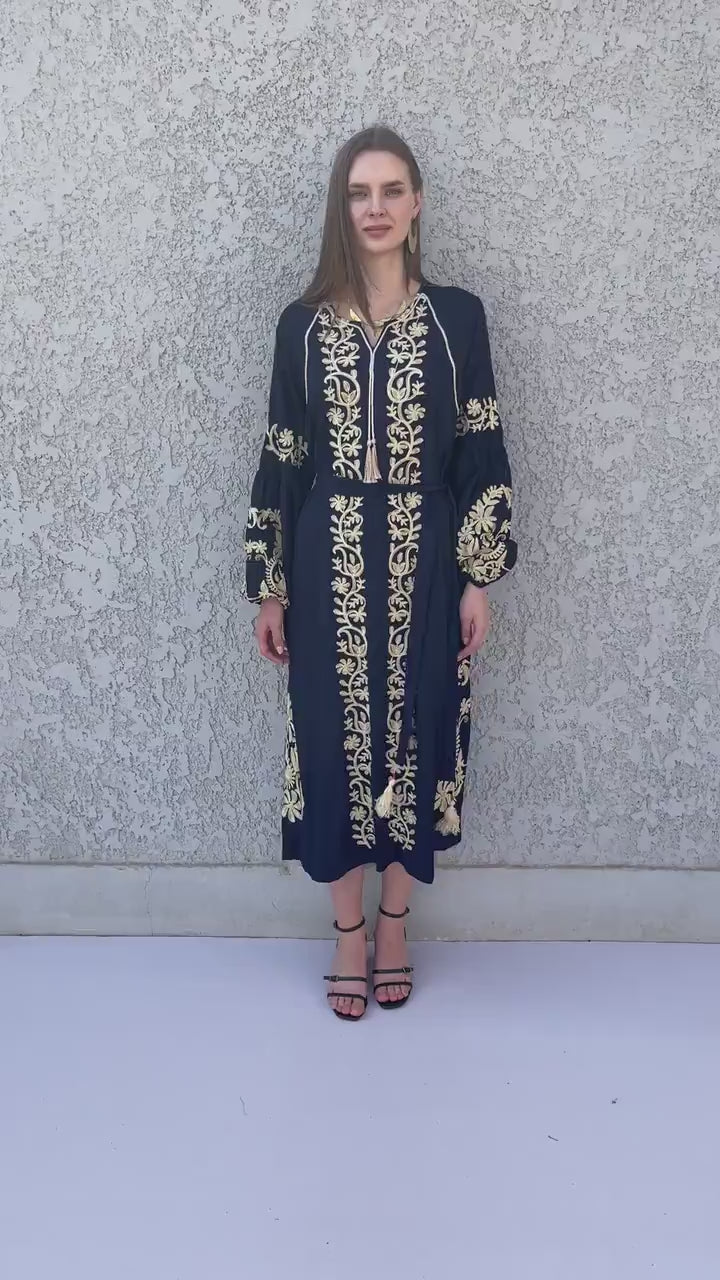 Ethnic embroidered navy blue cotton kaftan dress, tunic dress, caftans for women, Egyptian cotton. Summer caftan, party, casual, home dress