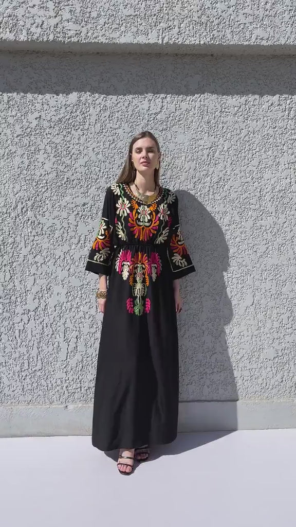 Black colorful embroidered cotton Caftan, caftan Kaftan maxi dress, embroidered Caftan dress, Caftan maxi dress, Caftans for women, Caftans
