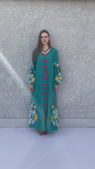 Teal Green Egyptian cotton Kaftan, caftan Kaftan maxi dress, embroidered Caftan dress, Caftan maxi dress, Caftans for women, Caftans