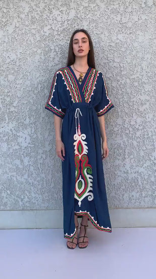 Teal Hand Embroidered kaftan dress, cotton Kaftan dress, embroidered kaftan, women kaftans, caftans for women, caftans, summer kaftans
