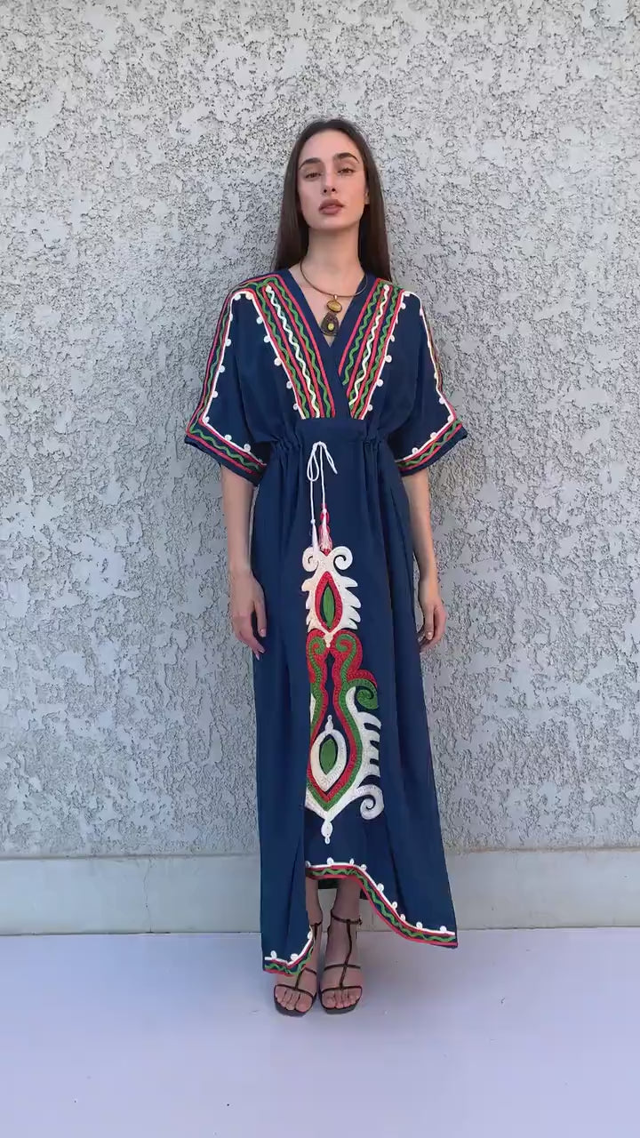 Teal Hand Embroidered kaftan dress, cotton Kaftan dress, embroidered kaftan, women kaftans, caftans for women, caftans, summer kaftans