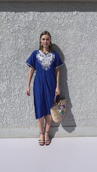 Short Brown Tunic kaftan dress, Bohemian embroidery tunic dress, embroidered tunic kaftan, Egyptian cotton. Summer, casual, home dress