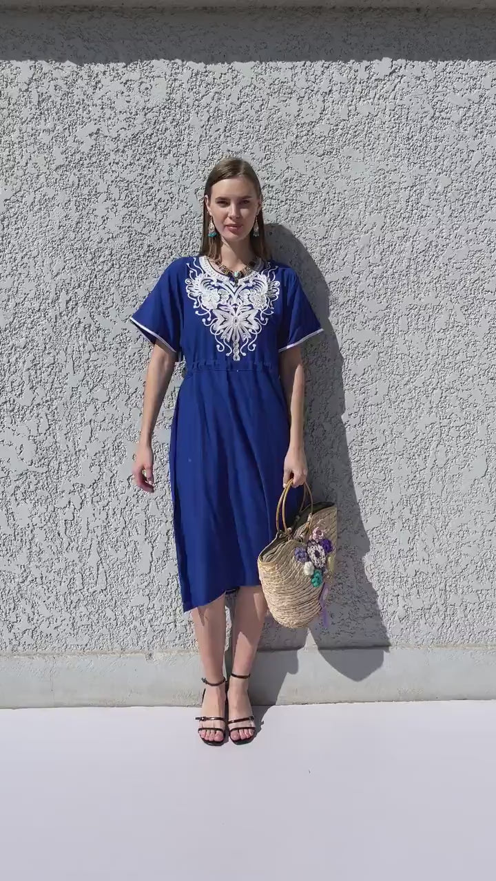 Short Brown Tunic kaftan dress, Bohemian embroidery tunic dress, embroidered tunic kaftan, Egyptian cotton. Summer, casual, home dress