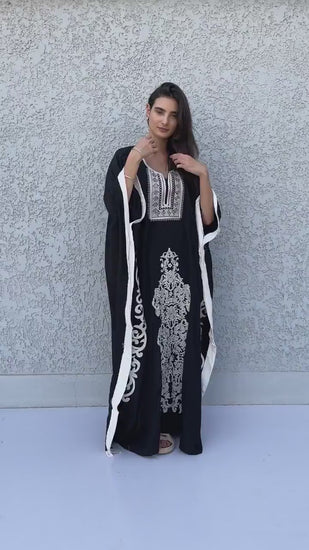 Elegant Black plus size embroidered Kaftan with belt, Loose fit Bohemian Caftan, Cotton Kaftan, Exotic Kaftan, Cotton Caftans for women