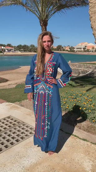 Siwa Blue embroidered cotton Caftan with pocket, embroidered caftan dress, Caftan dress, Caftan maxi dress, Caftans for women, Caftans