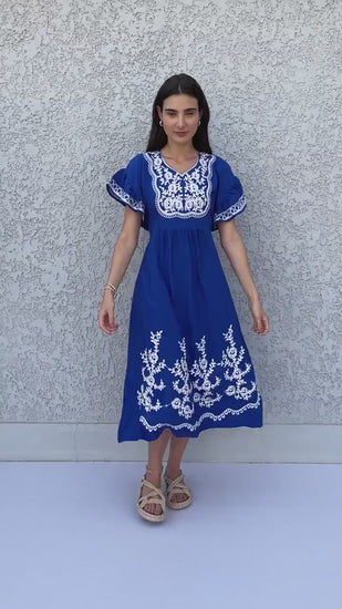 Royal blue cotton Tunic dress, embroidered kaftan dress, short tunic kaftan, cotton embroidered tunic dress, Summer tunic, vacation tunic