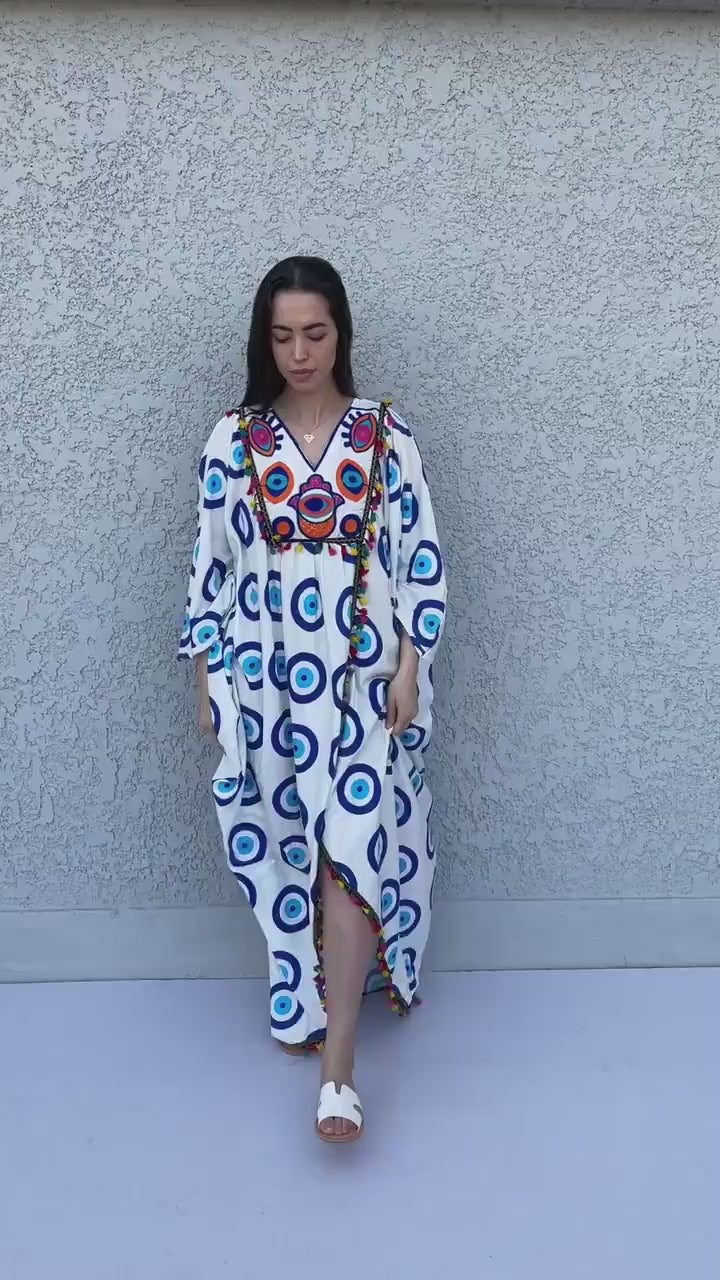 Stunning greek eye embroidered Kaftan dress, cotton caftans for women, Open slit Caftan for women, Loose fit caftan, Plus size kaftan