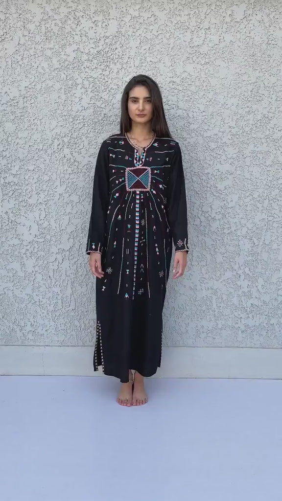 Black Siwa hand embroidered linen Kaftan dress, hand embroidered caftan, Fresh summer dress, Boho Kaftan, handmade caftan, caftans
