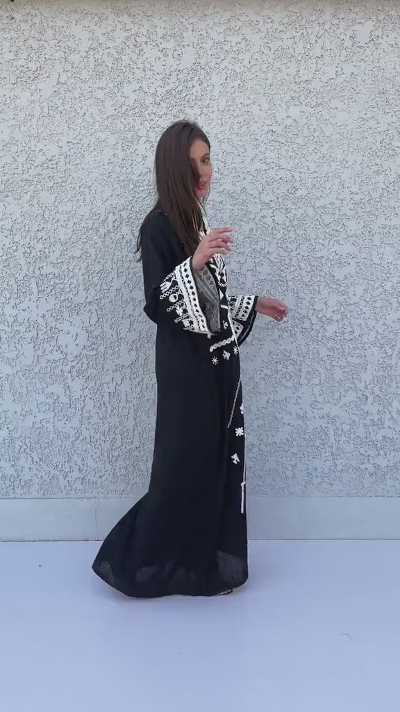 Stunning Black Siwa embroidered linen caftan, Cotton/linen kaftan dress, boho caftan, Kaftan, Linen Caftans for women, caftans for women