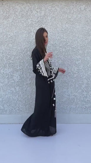 Stunning Black Siwa embroidered linen caftan, Cotton/linen kaftan dress, boho caftan, Kaftan, Linen Caftans for women, caftans for women
