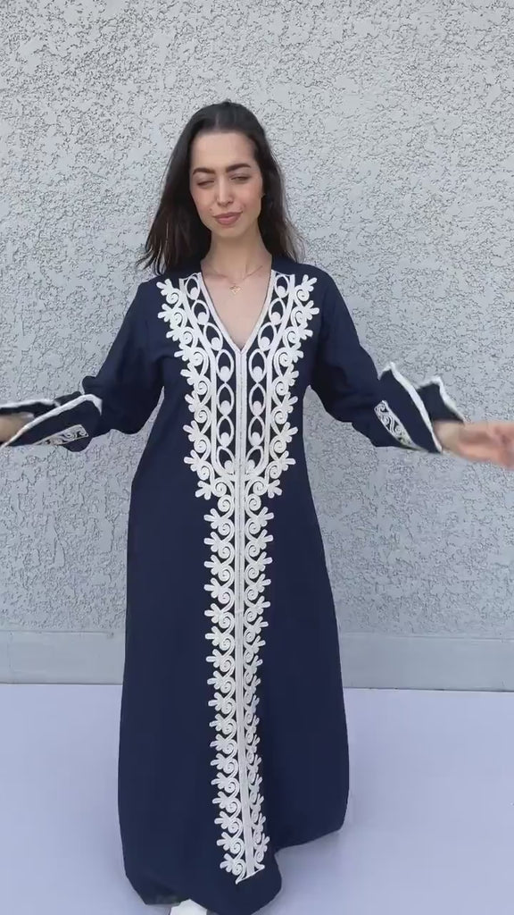 Navy blue Autumn / Winter Bohemian Maxi kaftan dress, Long sleeve caftan, Chic embroidered caftan, High quality Egyptian cotton.