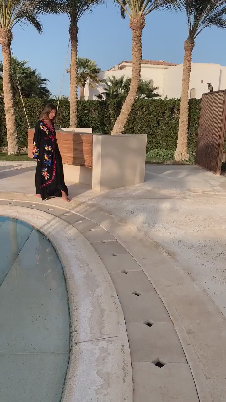 Black birds embroidered caftan, Open slit Cotton caftan dress, African women clothing, Bohemian maxi dress, Boho summer caftan, kaftans