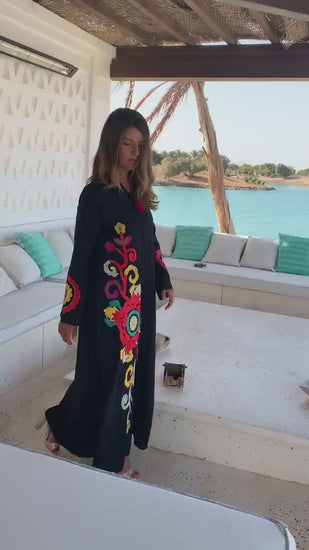 Black flower embroidered Caftan with tassels, summer caftan, Caftans for women, embroidered Caftan dress, Caftan maxi dress, Cotton Caftans