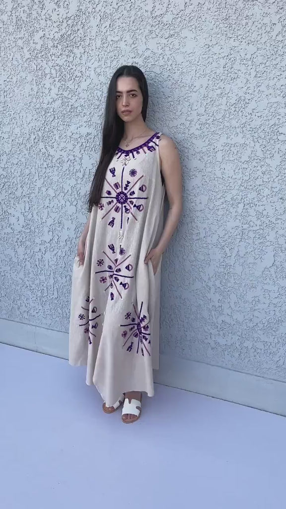 Siwa embroidered beige linen caftan, embroidered kaftan dress, boho caftan, Summer Kaftan, Linen Caftans for women, caftans for women