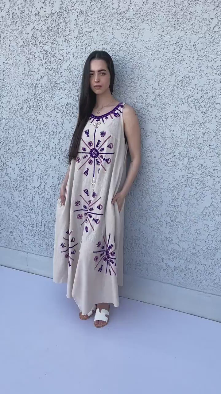 Siwa embroidered beige linen caftan, embroidered kaftan dress, boho caftan, Summer Kaftan, Linen Caftans for women, caftans for women