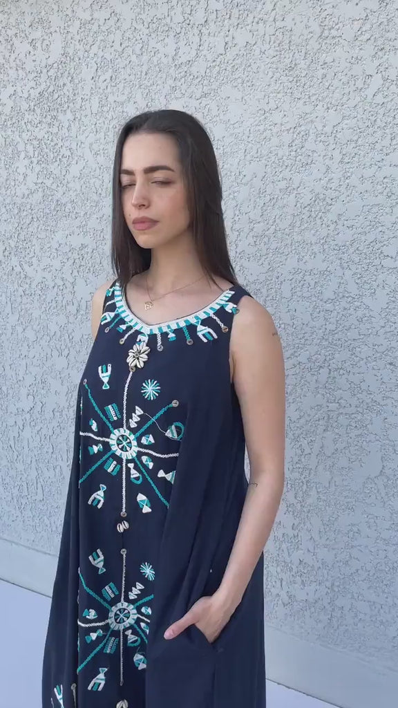 Bohemian Siwa Navy blue linen caftan, embroidered kaftan dress, boho caftan, Summer Kaftan, Linen Caftans for women, caftans for women