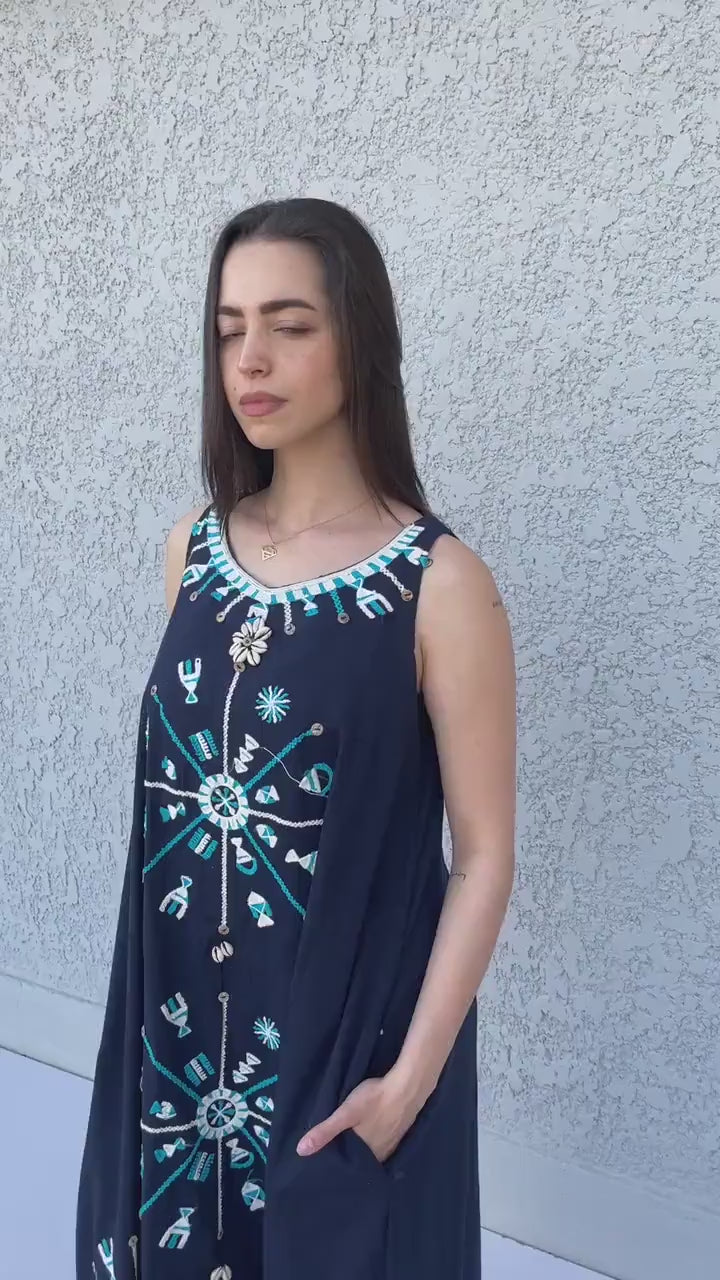 Bohemian Siwa Navy blue linen caftan, embroidered kaftan dress, boho caftan, Summer Kaftan, Linen Caftans for women, caftans for women