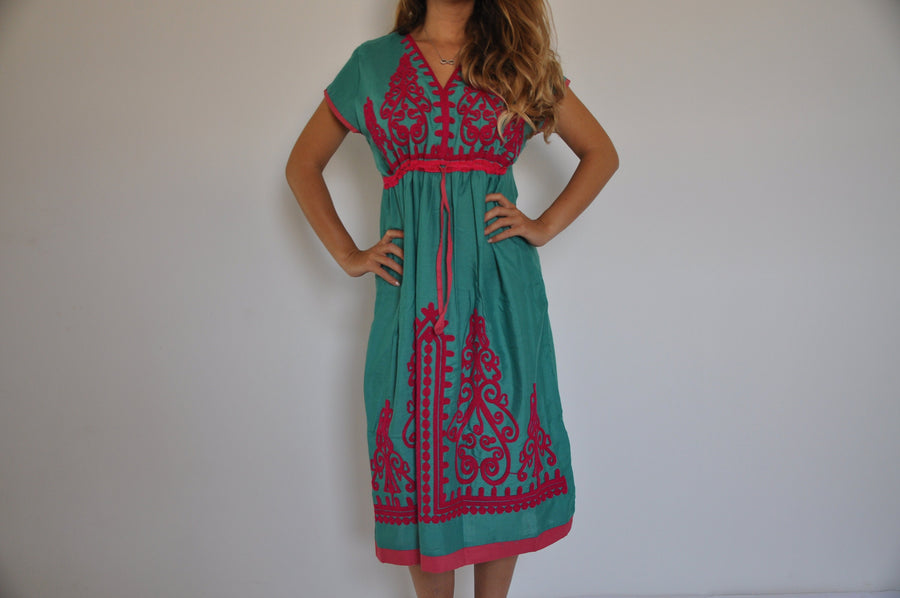 Turquoise Tunic embroidered kaftan dress, Boho embroidery tunic dress, Egyptian cotton. Summer, beach, resorts, adjustable waist, Gypsy