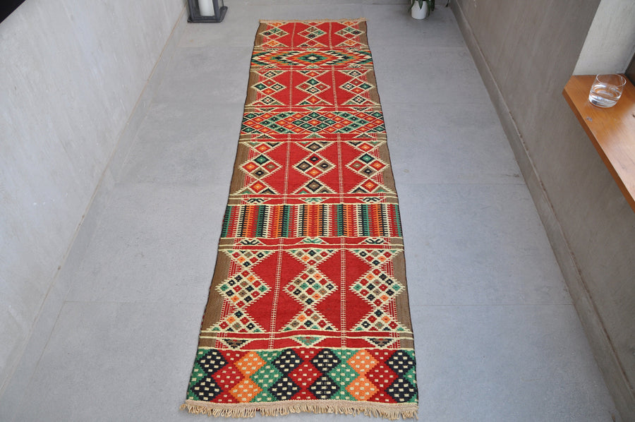 Kilim Runner, Boho hallway Kilim Rug, Bohemian bright colored rug, Red, 2.3'x 8.6' (69cm x 250cm)