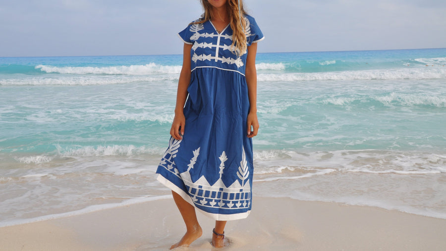 Blue Tunic embroidered kaftan dress, Boho embroidery tunic dress, Egyptian cotton. Summer, beach, resorts, Gypsy dress. S/M