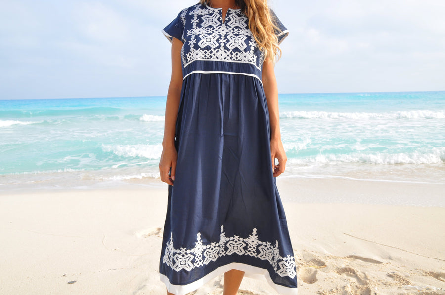 Navy Blue Tunic embroidered dress, Bohemian embroidery tunic, Egyptian cotton. Summer, beach, resorts, Gypsy dress.