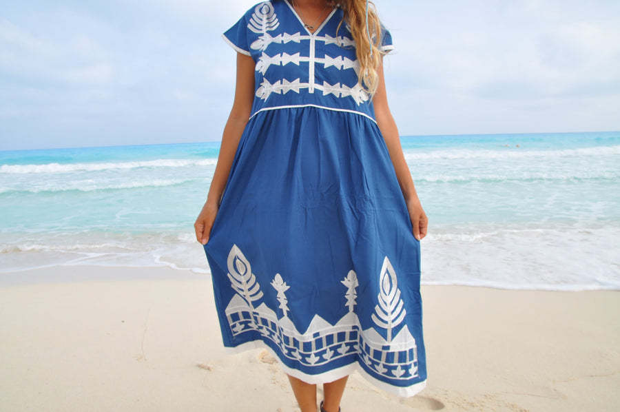 Blue Tunic embroidered kaftan dress, Boho embroidery tunic dress, Egyptian cotton. Summer, beach, resorts, Gypsy dress. S/M