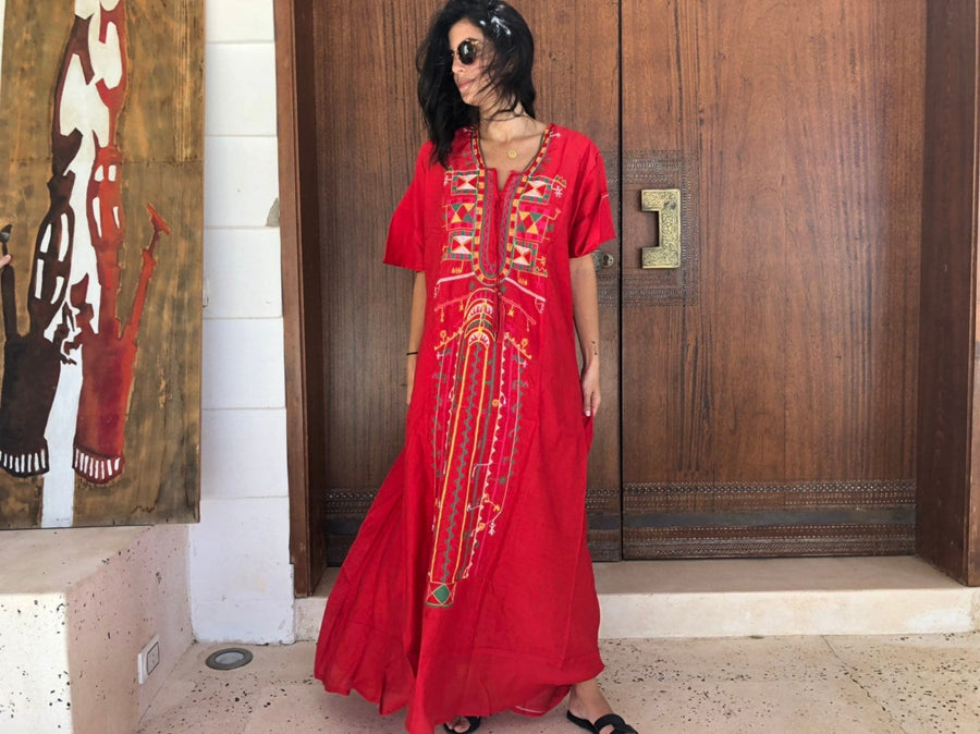 Siwa Red Multicolor embroidered Kaftan dress, Red bohemian Maxi dress with Pompons, Free size, S to XL