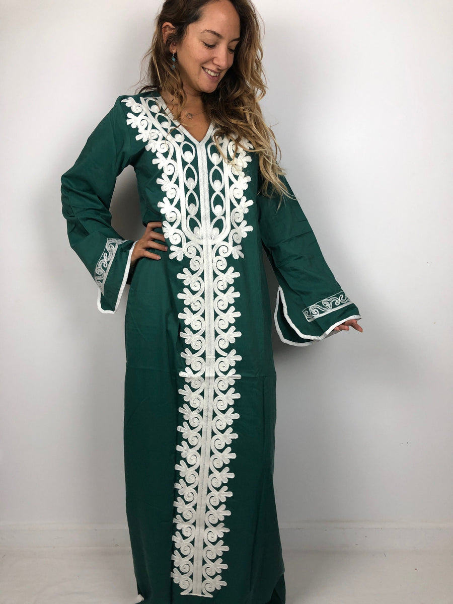 Green Autumn / Winter Bohemian Maxi kaftan dress, Long sleeve caftan, Chic embroidered caftan, High quality Egyptian cotton.