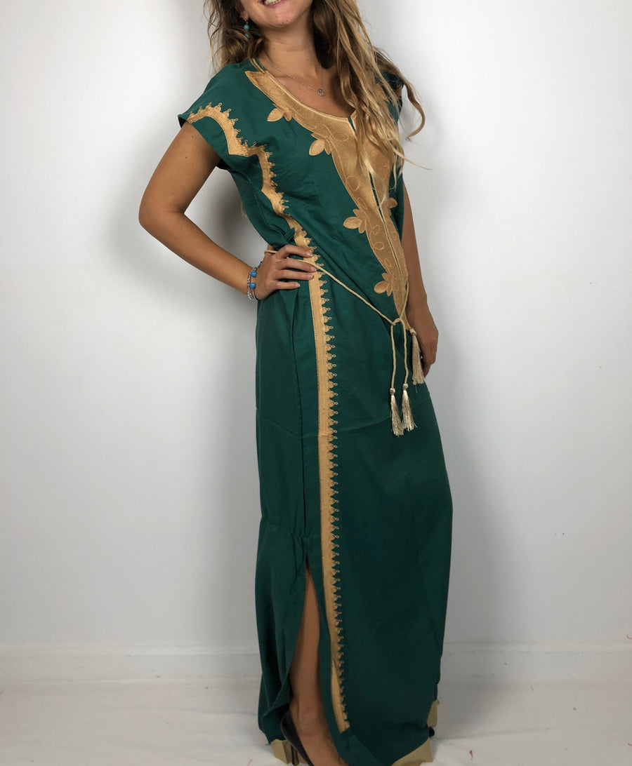 Elegant green evening maxi dress, Bohemian Kaftan. Summer night out, Elegant evening gown, Egyptian cotton.