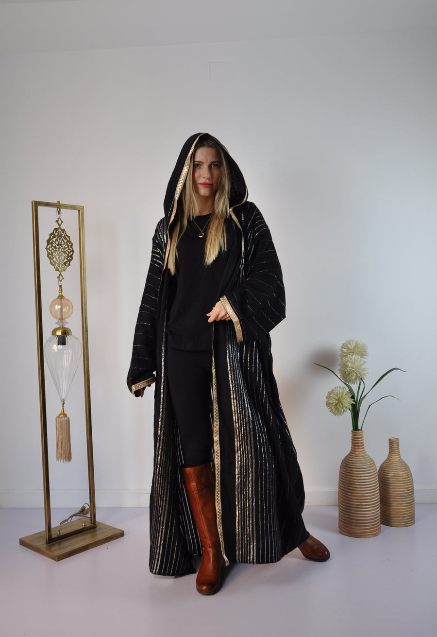 Black Vintage Abaya, Hand embroidered Winter Abaya, Gold threads, Hand loomed, Dressy Abaya, Plus size Abaya, Women abayas, Moroccan Abaya