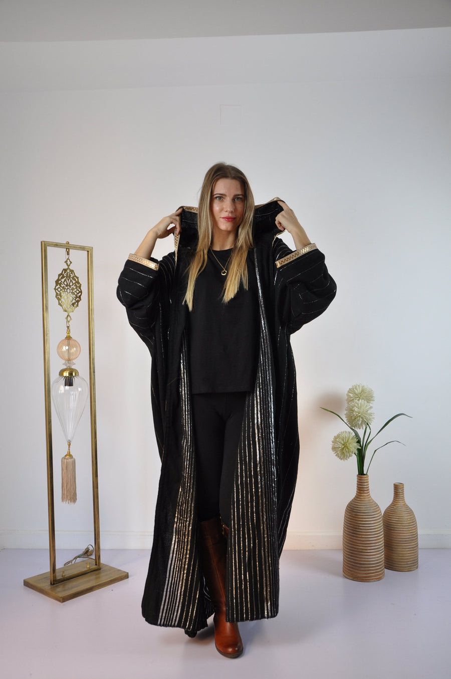 Black Vintage Abaya, Hand embroidered Winter Abaya, Gold threads, Hand loomed, Dressy Abaya, Plus size Abaya, Women abayas, Moroccan Abaya