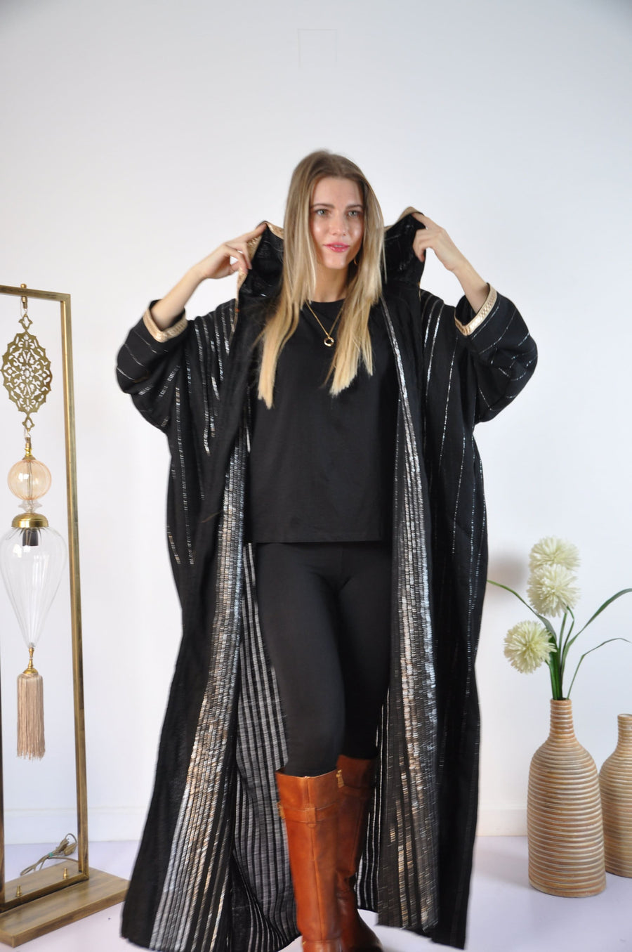 Black Vintage Abaya, Hand embroidered Winter Abaya, Gold threads, Hand loomed, Dressy Abaya, Plus size Abaya, Women abayas, Moroccan Abaya