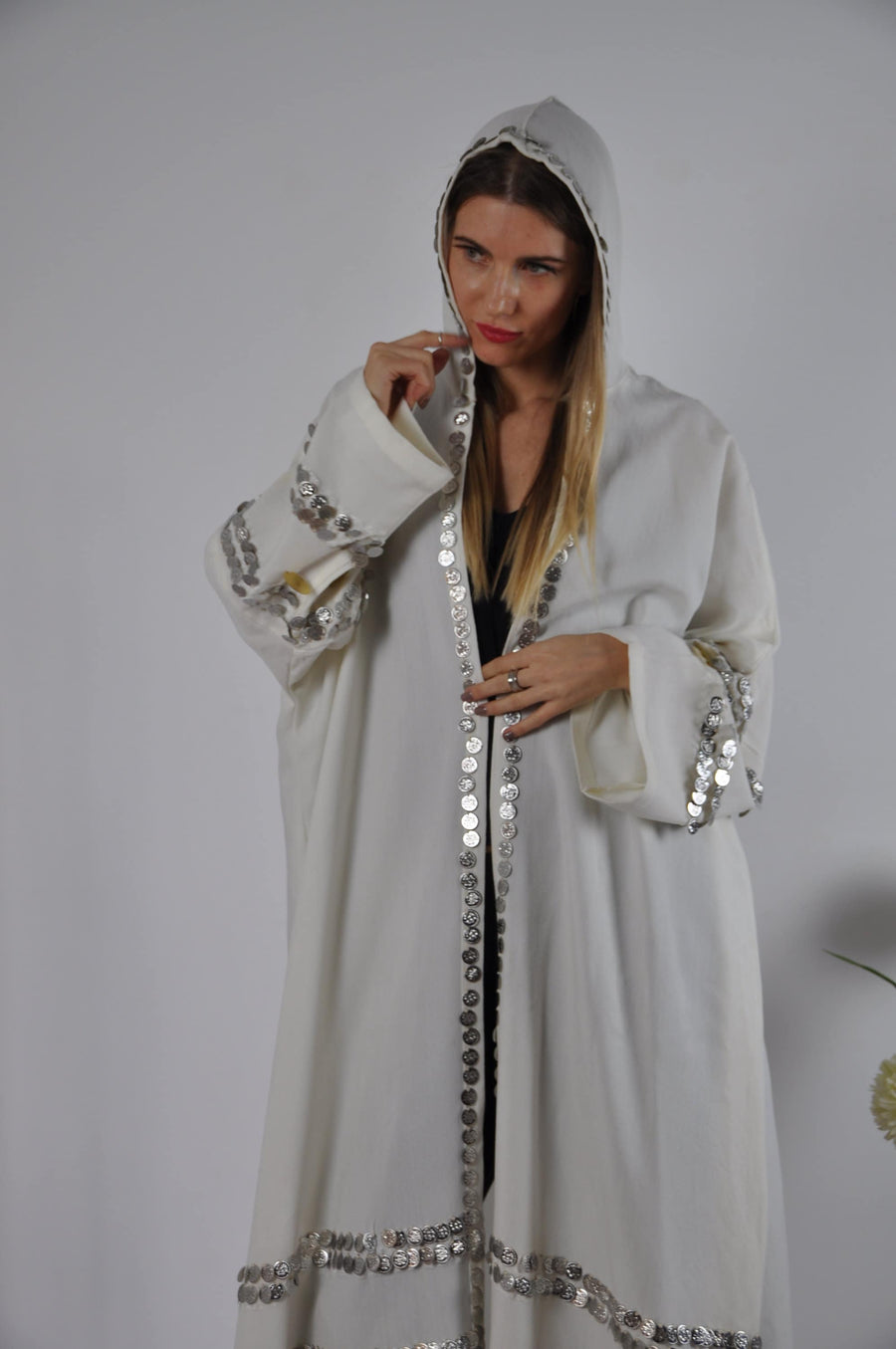 Off white Vintage Morocco Kimono, Handmade Abaya, Summer Abaya, Hooded kimono, Light wool / cotton Kimono, Abaya, Arabic Abaya