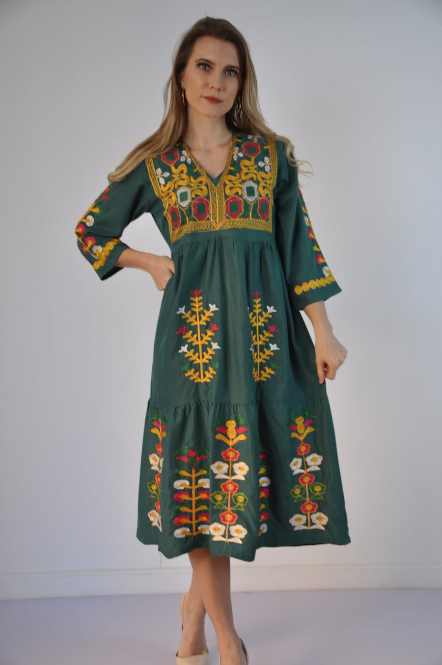 Short Tunic, Long sleeve embroidered kaftan dress, Boho embroidery tunic dress, Egyptian cotton. Autumn, beach, resorts, Gypsy dress.