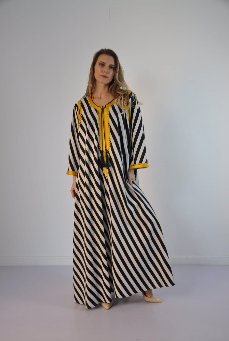 Black Striped Elegant gold embroidered Kaftan dress, Bohemian Kaftan, Egyptian cotton. Gala, Elegant, Arabic Dress. Free size S to XL