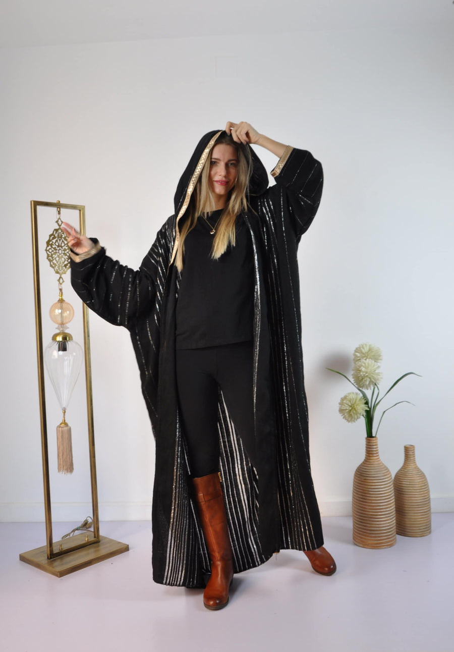 Black Vintage Abaya, Hand embroidered Winter Abaya, Gold threads, Hand loomed, Dressy Abaya, Plus size Abaya, Women abayas, Moroccan Abaya