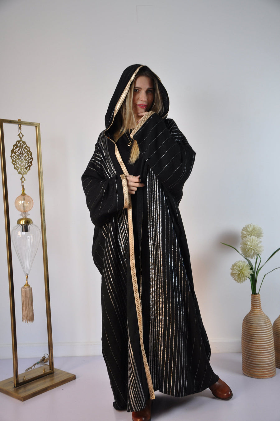Black Vintage Abaya, Hand embroidered Winter Abaya, Gold threads, Hand loomed, Dressy Abaya, Plus size Abaya, Women abayas, Moroccan Abaya
