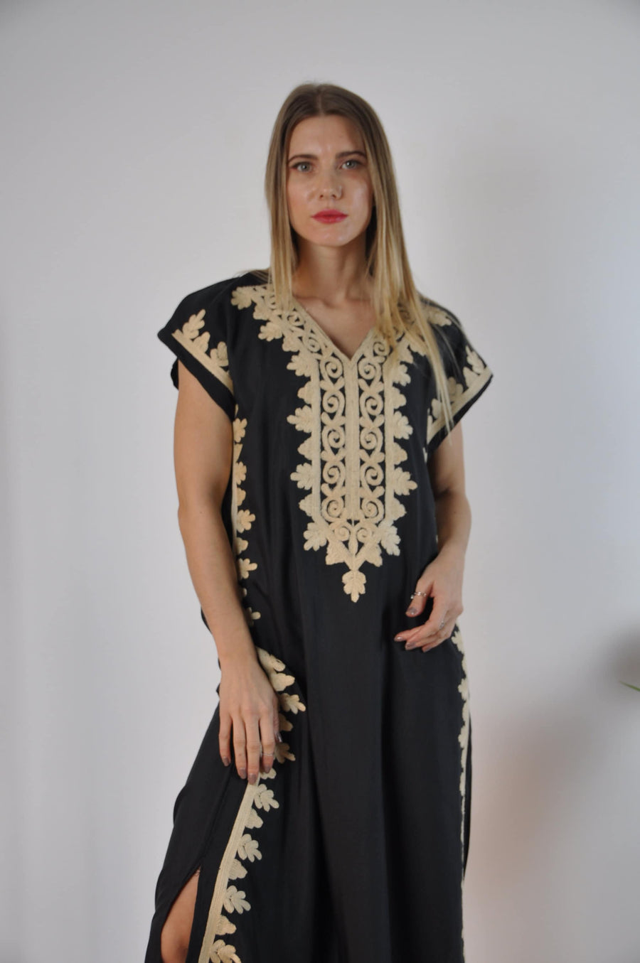 Open slit Elegant Black evening maxi dress, Bohemian Kaftan. Summer night out, Elegant evening gown, Egyptian cotton.