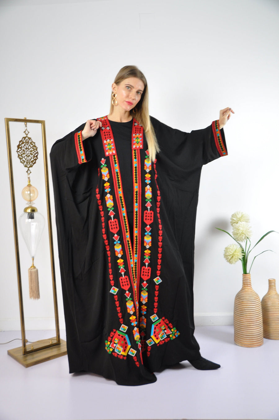 Bohemian Embroidered Abaya / Kimono, High quality Colorful embroidery, One size fits all kaftan, Crepe cotton