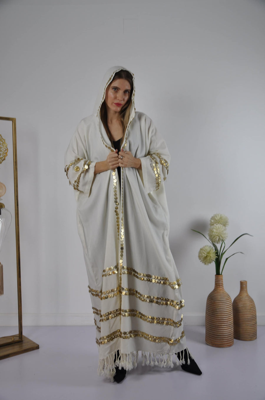 Off white Vintage Moroccan Kimono, Handmade Abaya, Summer Abaya, Hooded kimono, Light wool / cotton Kimono, Abaya, Plus size kimono