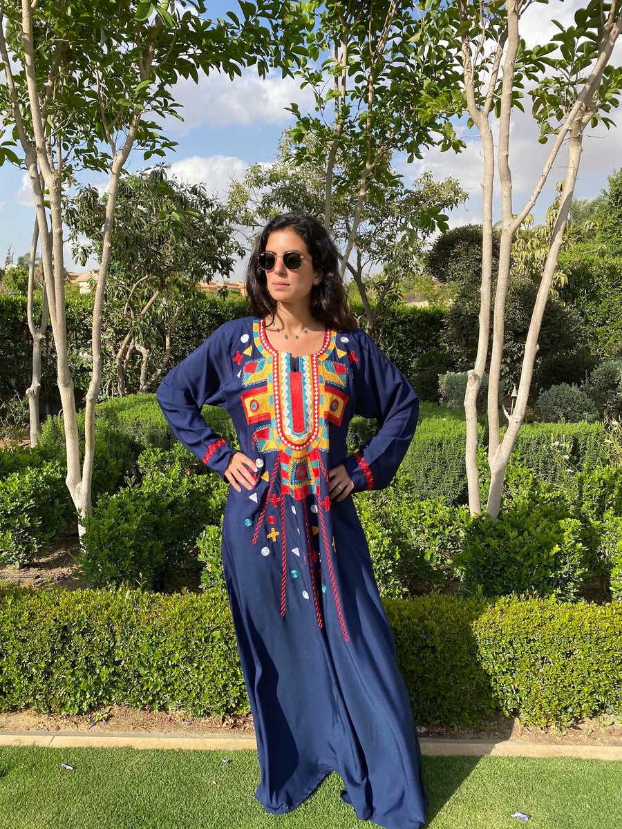 Siwa Long sleeve Navy Blue Multicolor embroidered Caftan, Spring Cotton Caftan, caftans for women, Caftans, Embroidered kaftan, caftans